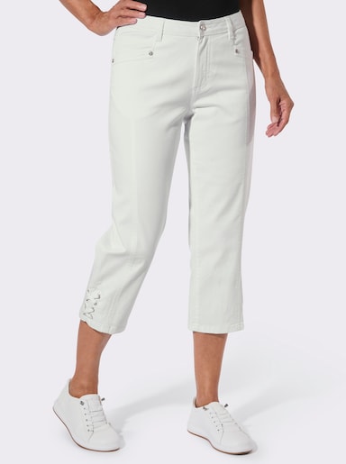 Caprijeans mit Kreuzschnürung am Saum - weiß