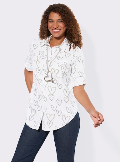 Longbluse mit Kellerfalte hinten - ecru-schilf-bedruckt