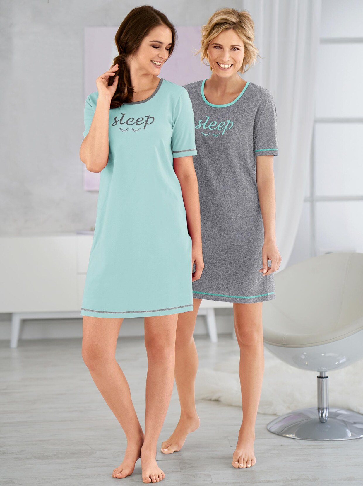 wäschepur Sleepshirts - grau-meliert + mint