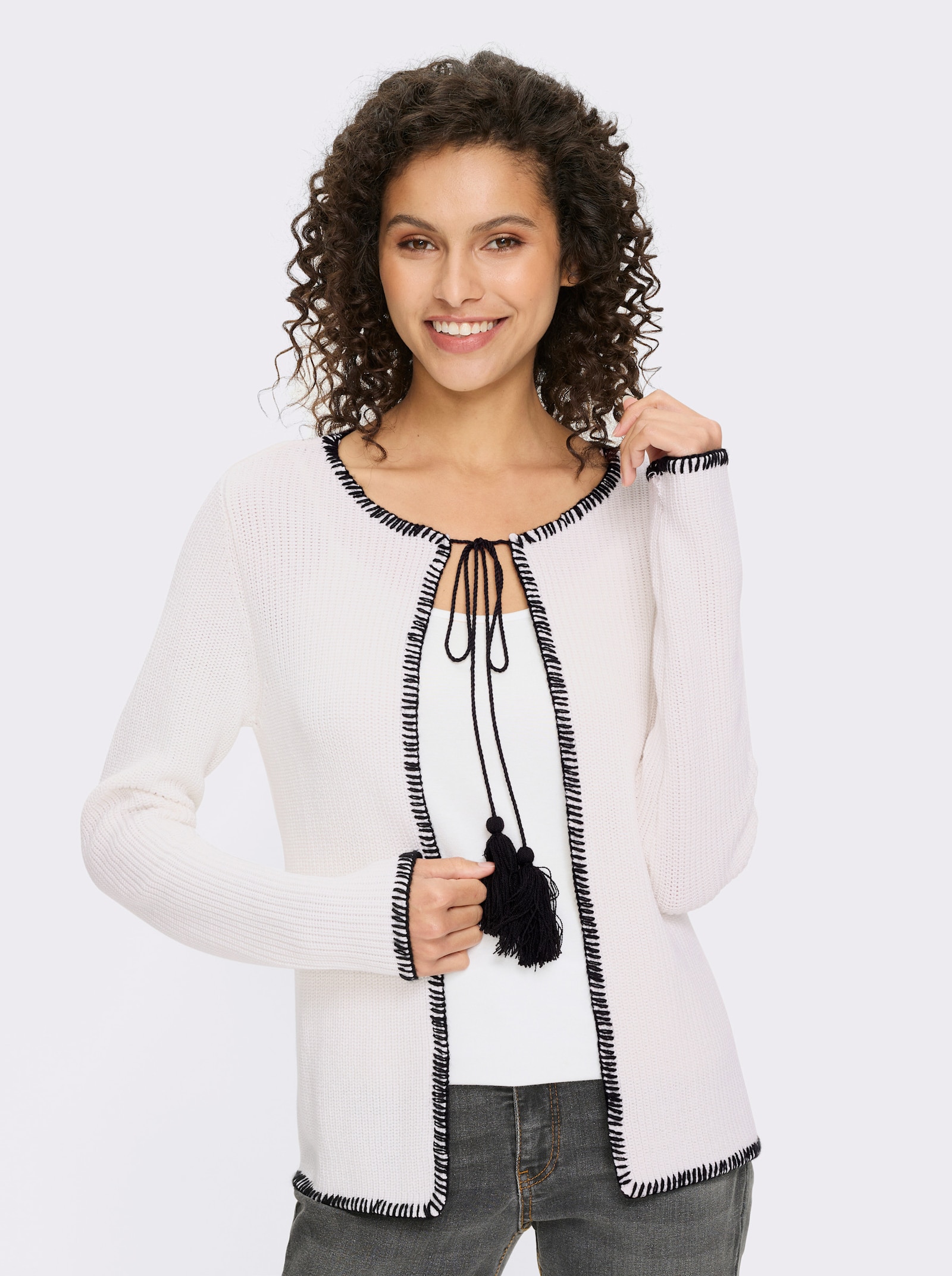 heine Strickjacke mit Kontrast-Stitching - weiß-schwarz