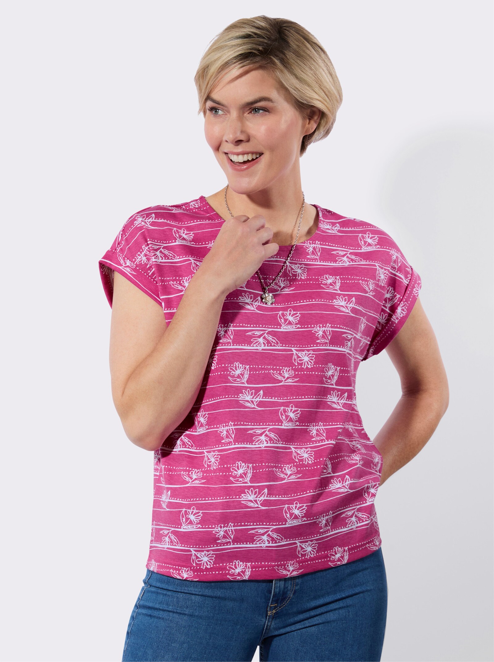 Shirt mit überschnittenen Schultern - fuchsia-weiß-bedruckt