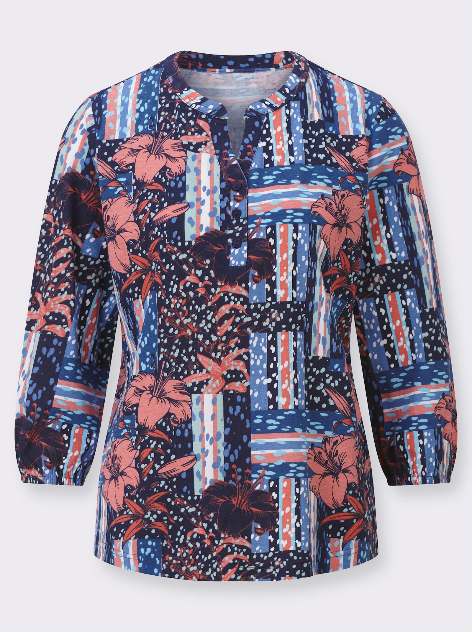 Print-Shirt mit grafischem Muster - mittelblau-koralle-bedruckt