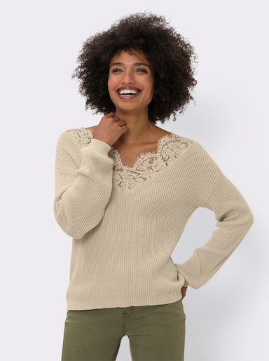 heine V-Ausschnitt-Pullover mit Spitze - sand