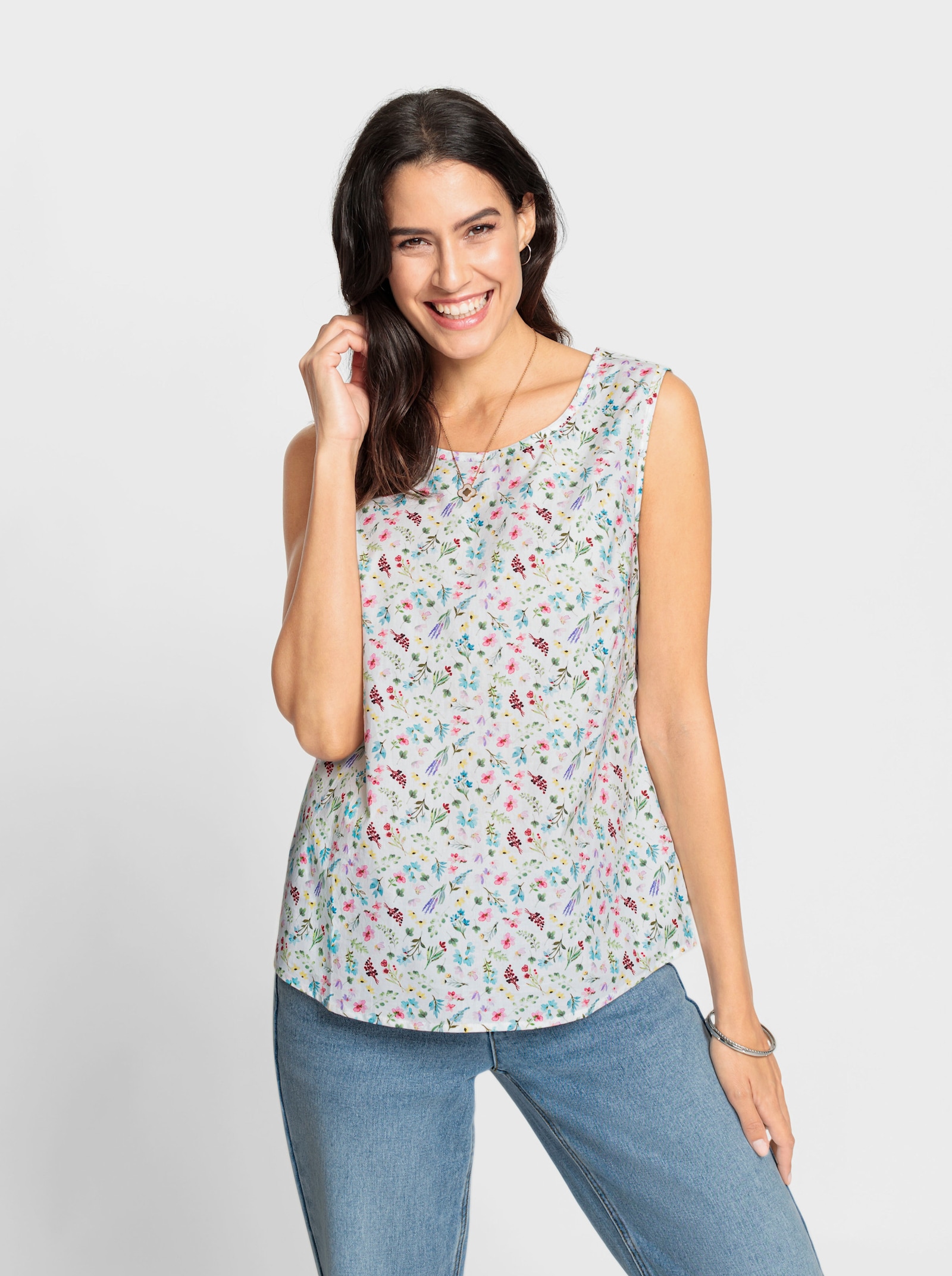 Blousetop met afgeronde zoom, geweven - ecru geprint