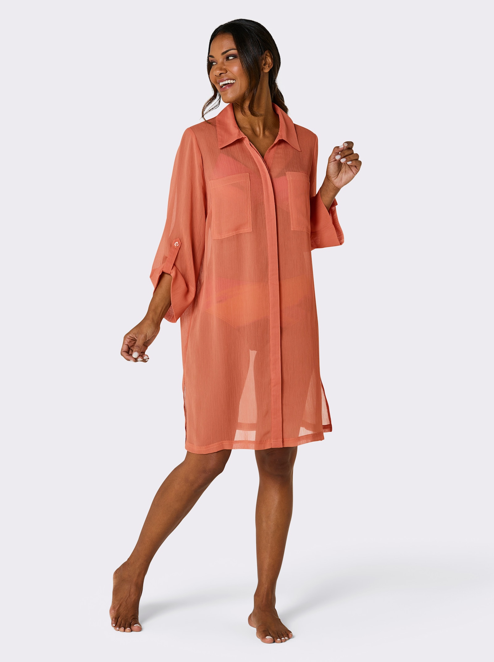 feel good Strandbluse mit krempelbaren 3/4-Ärmeln - papaya