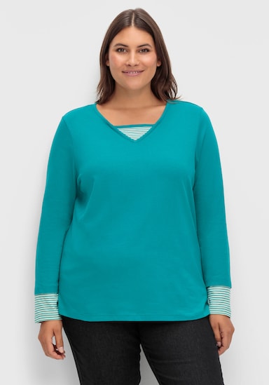 Langarmshirt mit garngefärbten Streifen - petrol