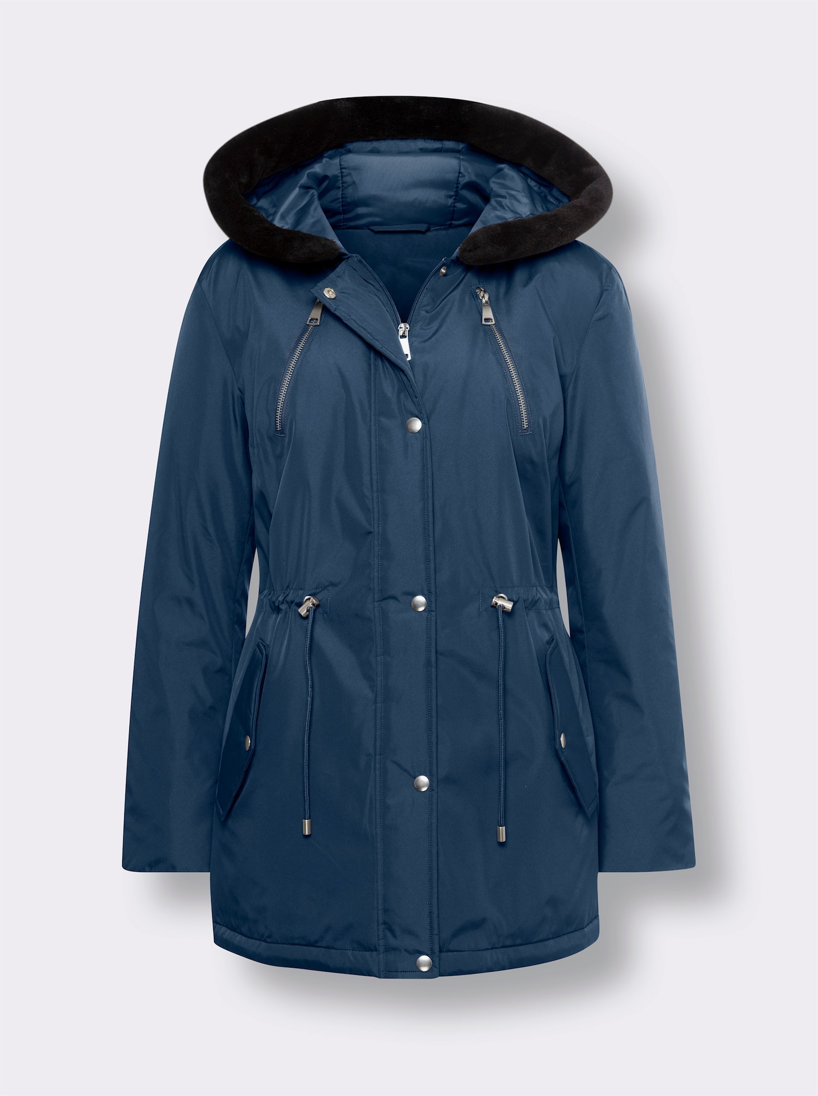 Bunda s kapucí a lemem z imitace kožešiny - tmavěmodrá