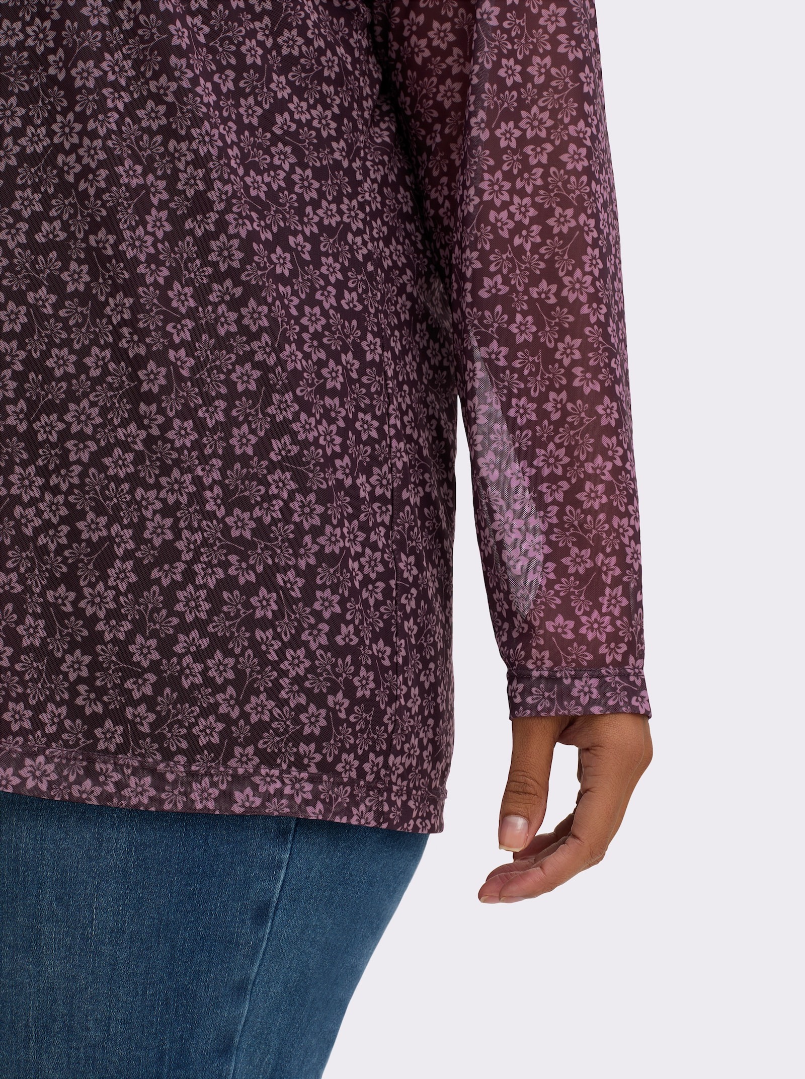 sheego Shirt met lange mouwen van mesh, met bloemetjesprint - aubergine/mauve bedrukt