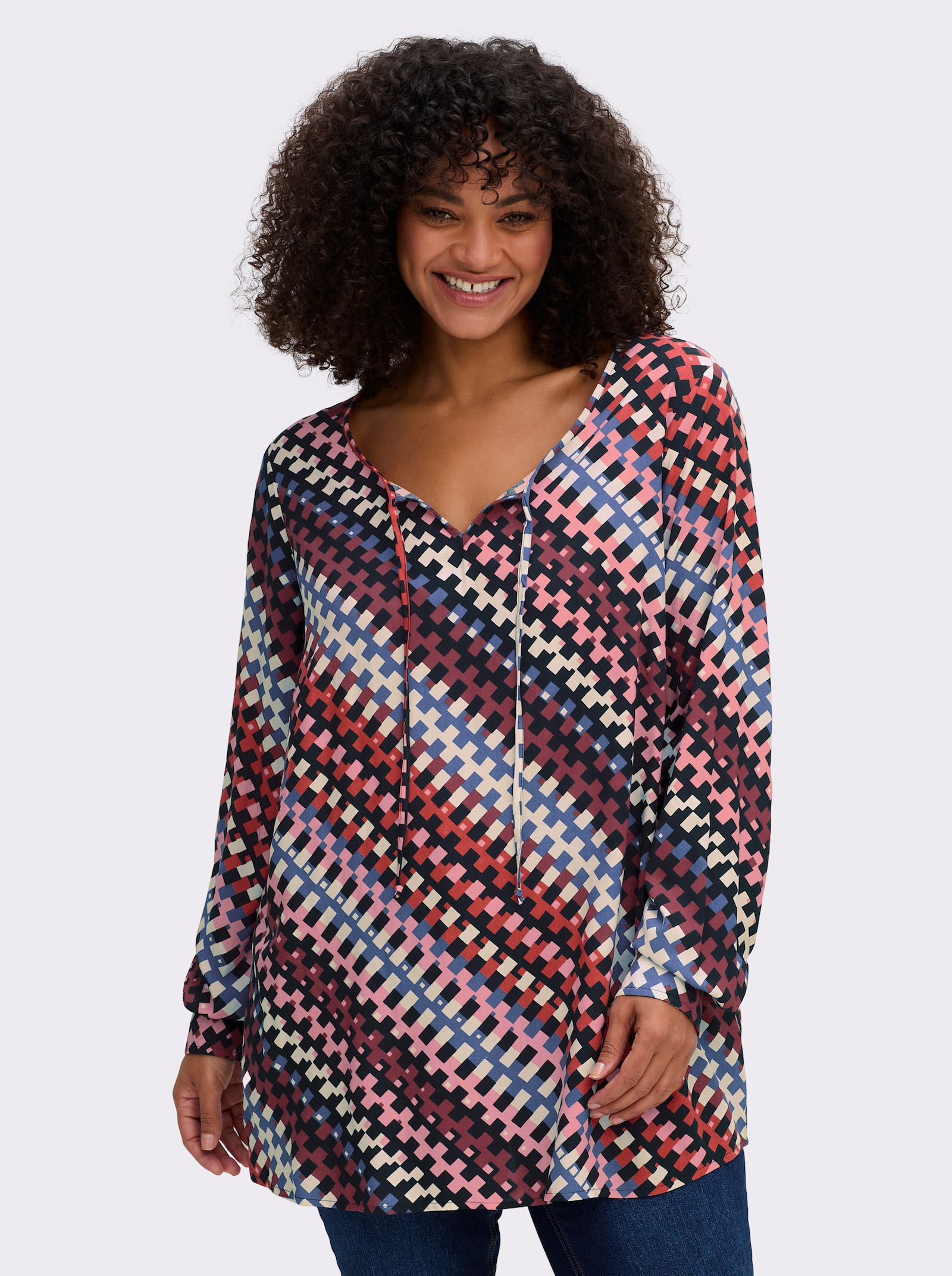 Schlupfbluse mit grafischem Muster - schwarz-flamingo-bedruckt