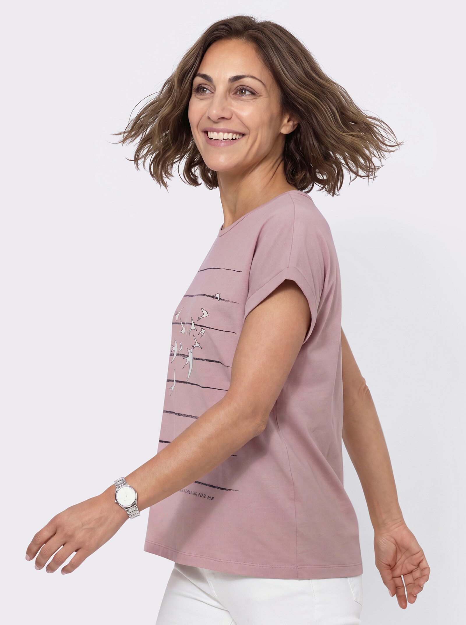 Print-Shirt mit überschnittenen Schultern - mauve-marine-bedruckt