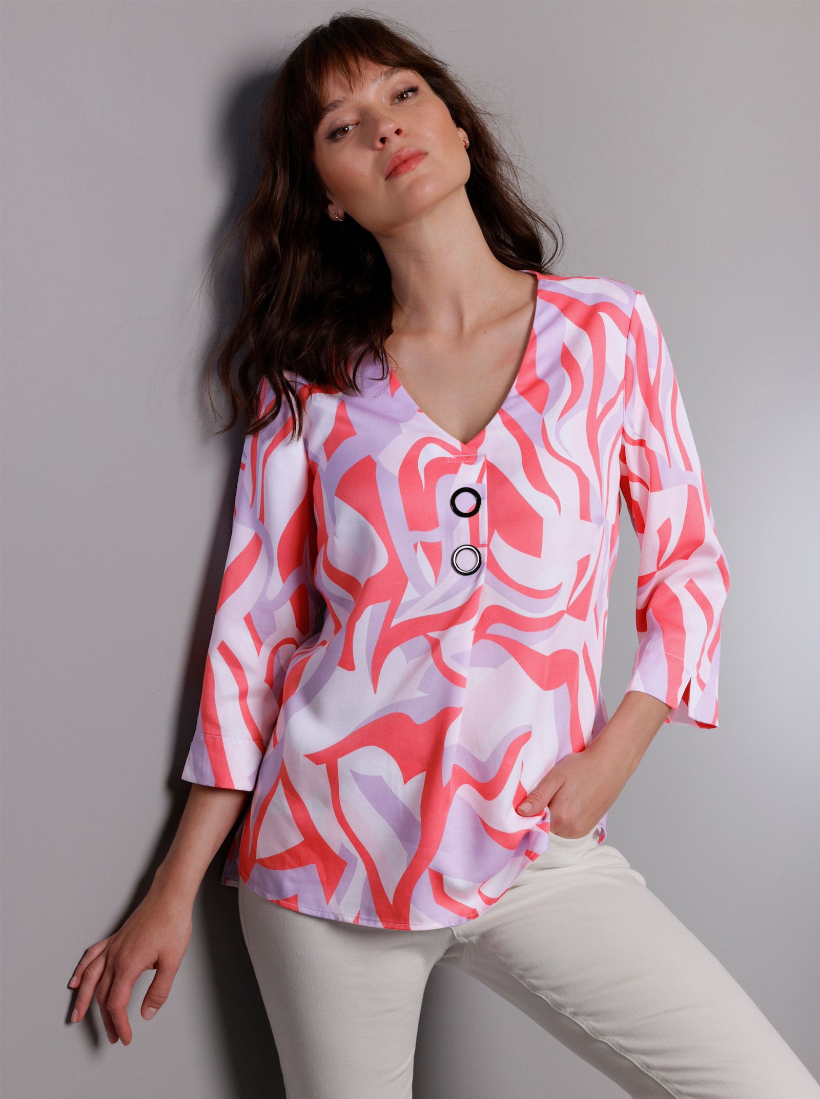 CREATION L PREMIUM Druckbluse , am Saum hinten modisch länger - grapefruit-flieder-bedruckt
