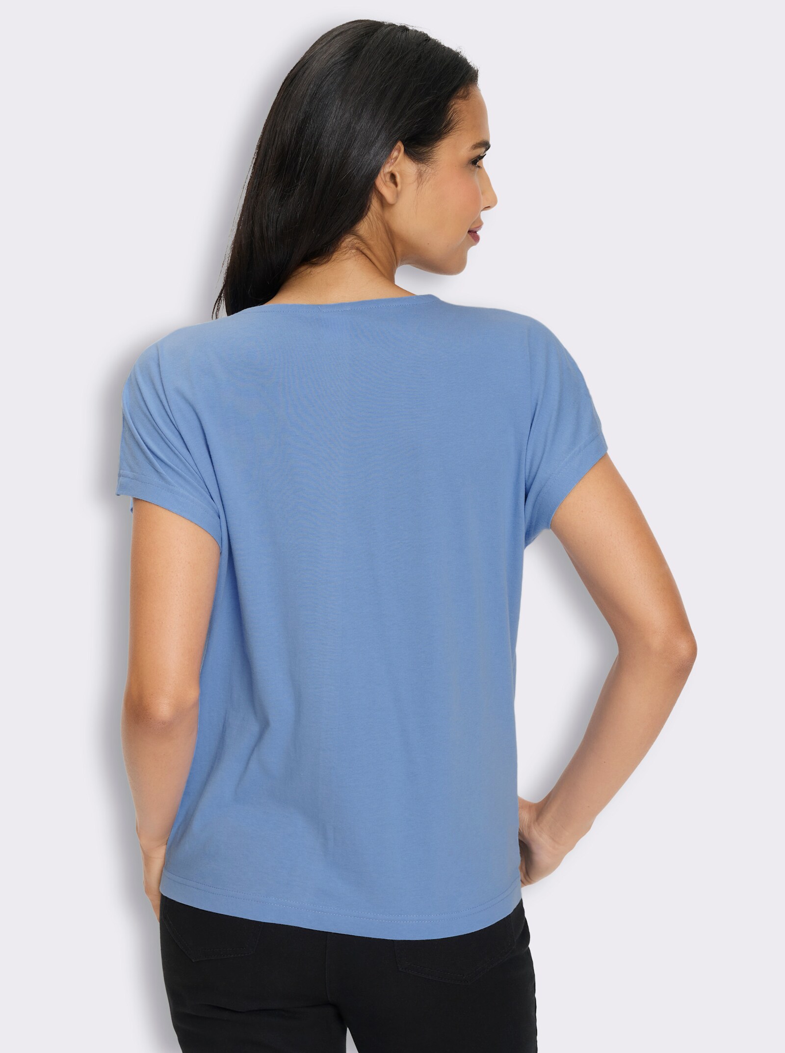 Kurzarmshirt mit Blumen-Stickerei - himmelblau