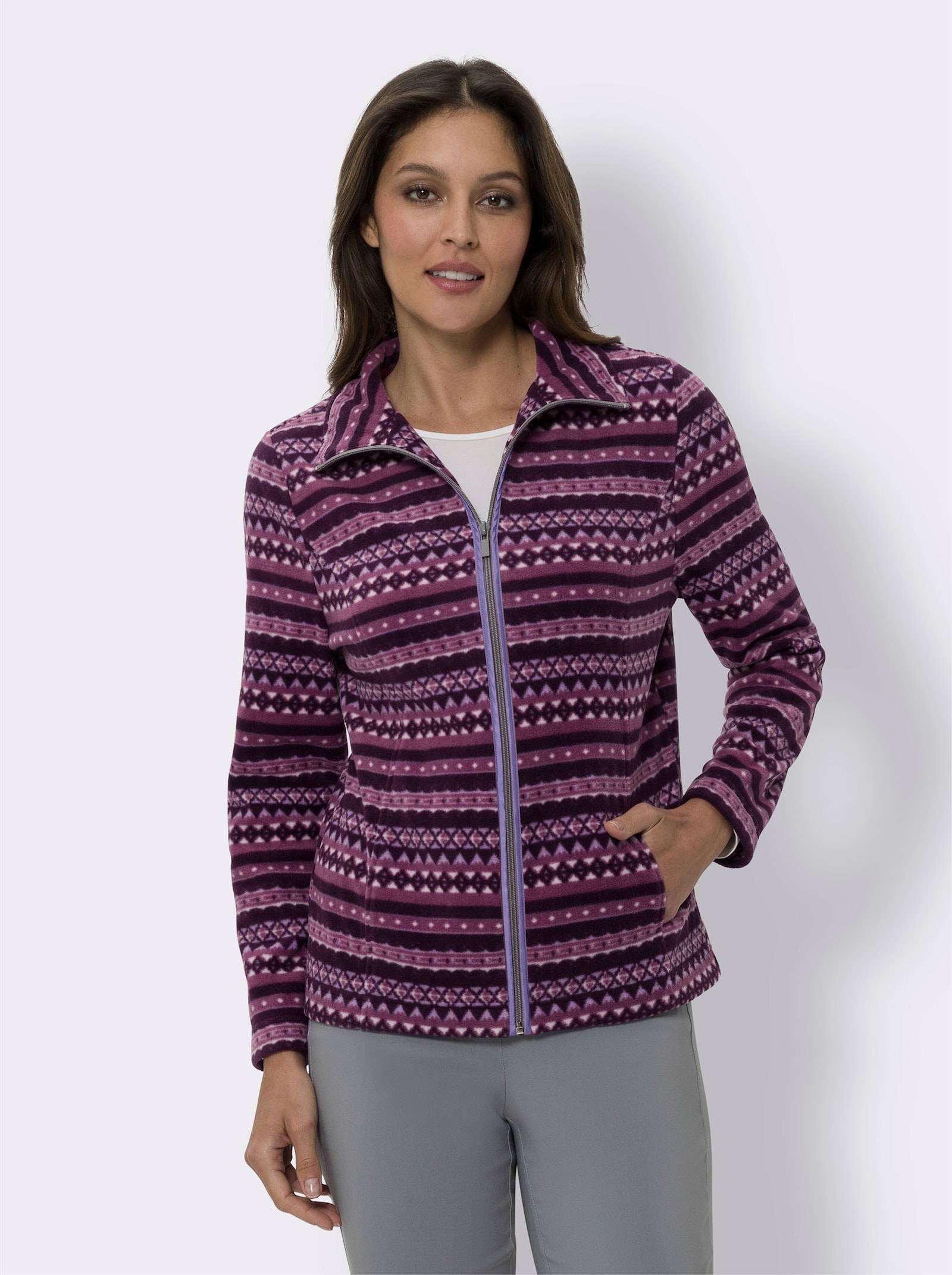 Fleecejacke mit wärmendem Stehkragen - violett-traube-bedruckt