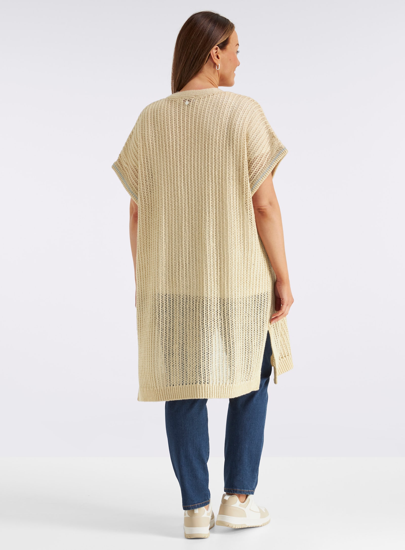 sheego Strickweste mit Ajourmuster und Glitzergarn - sand