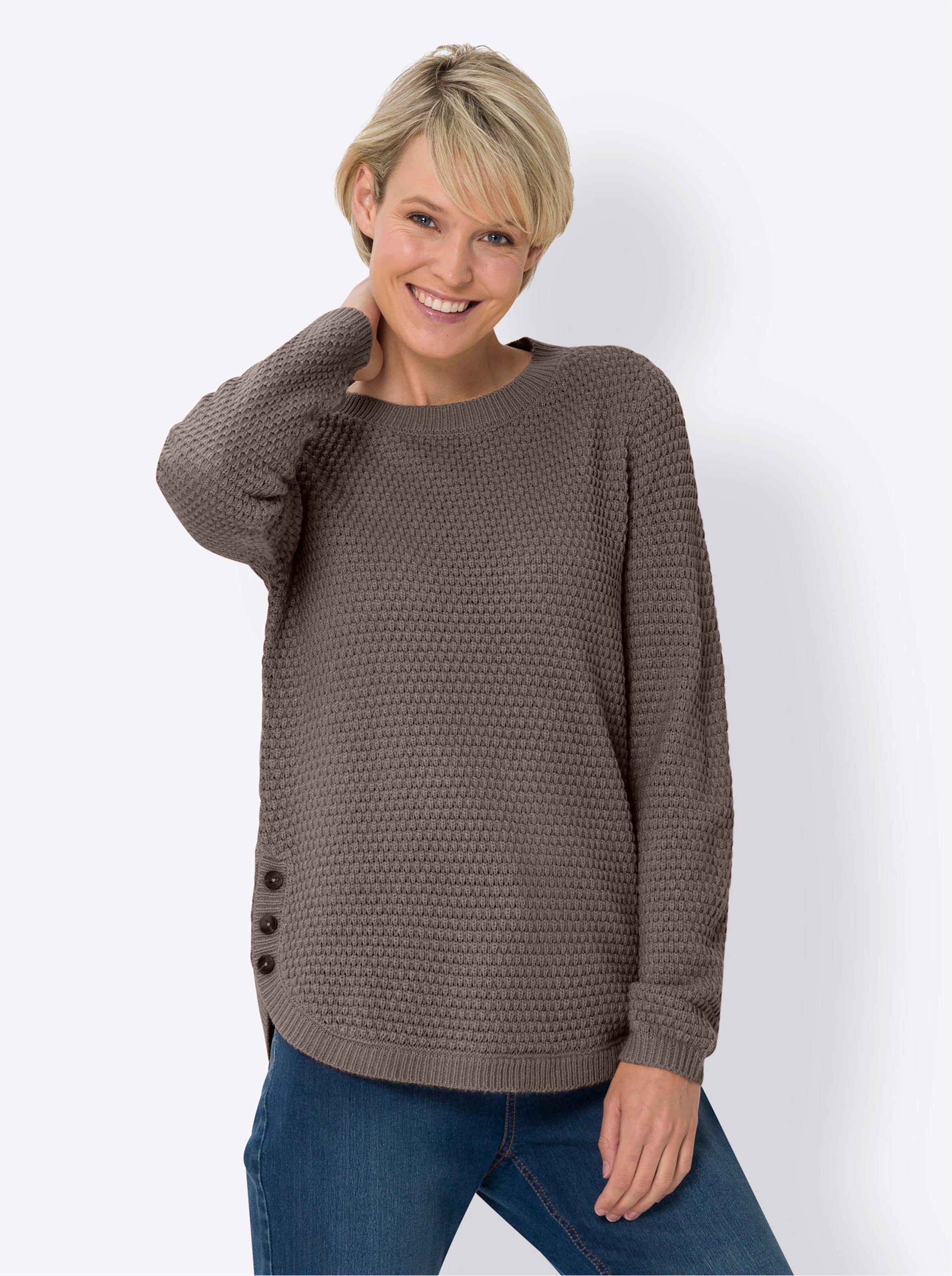 Witt Damen Langarm-Pullover mit Zierknöpfen am Saum, dunkeltaupe