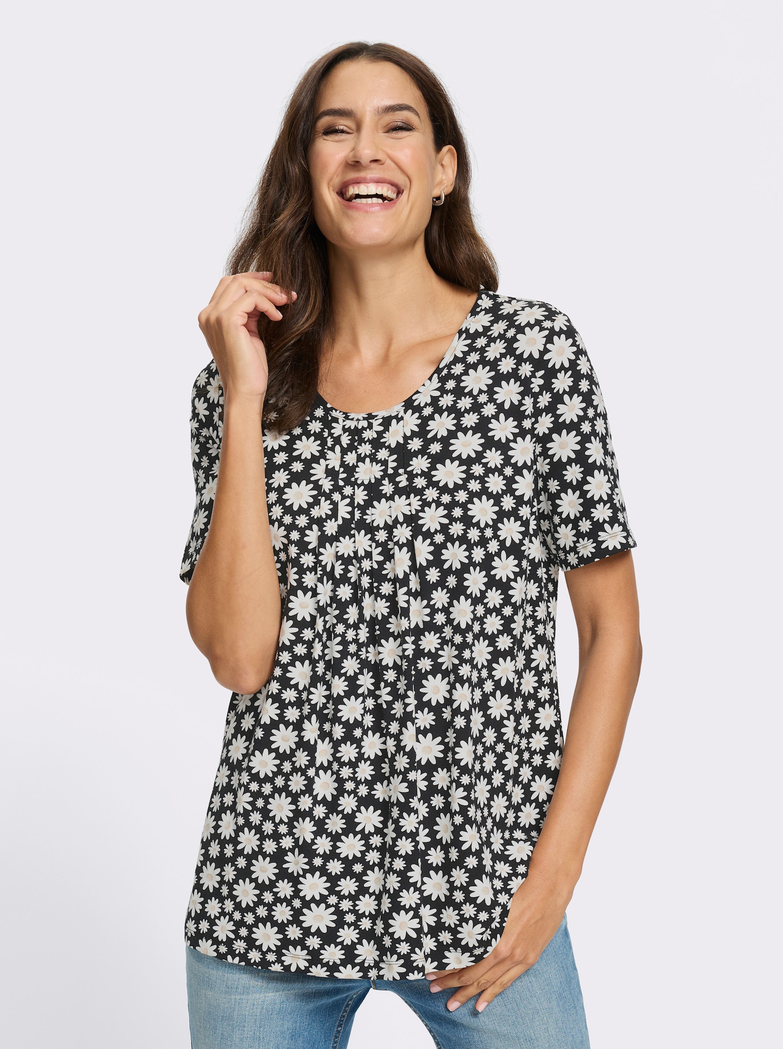 Print-Shirt in weicher Viskose-Qualität - schwarz-ecru-bedruckt