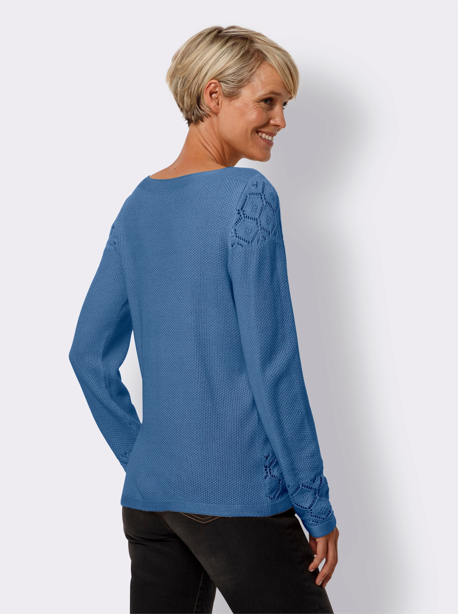 Langarm-Pullover mit Ajour-Muster - mittelblau