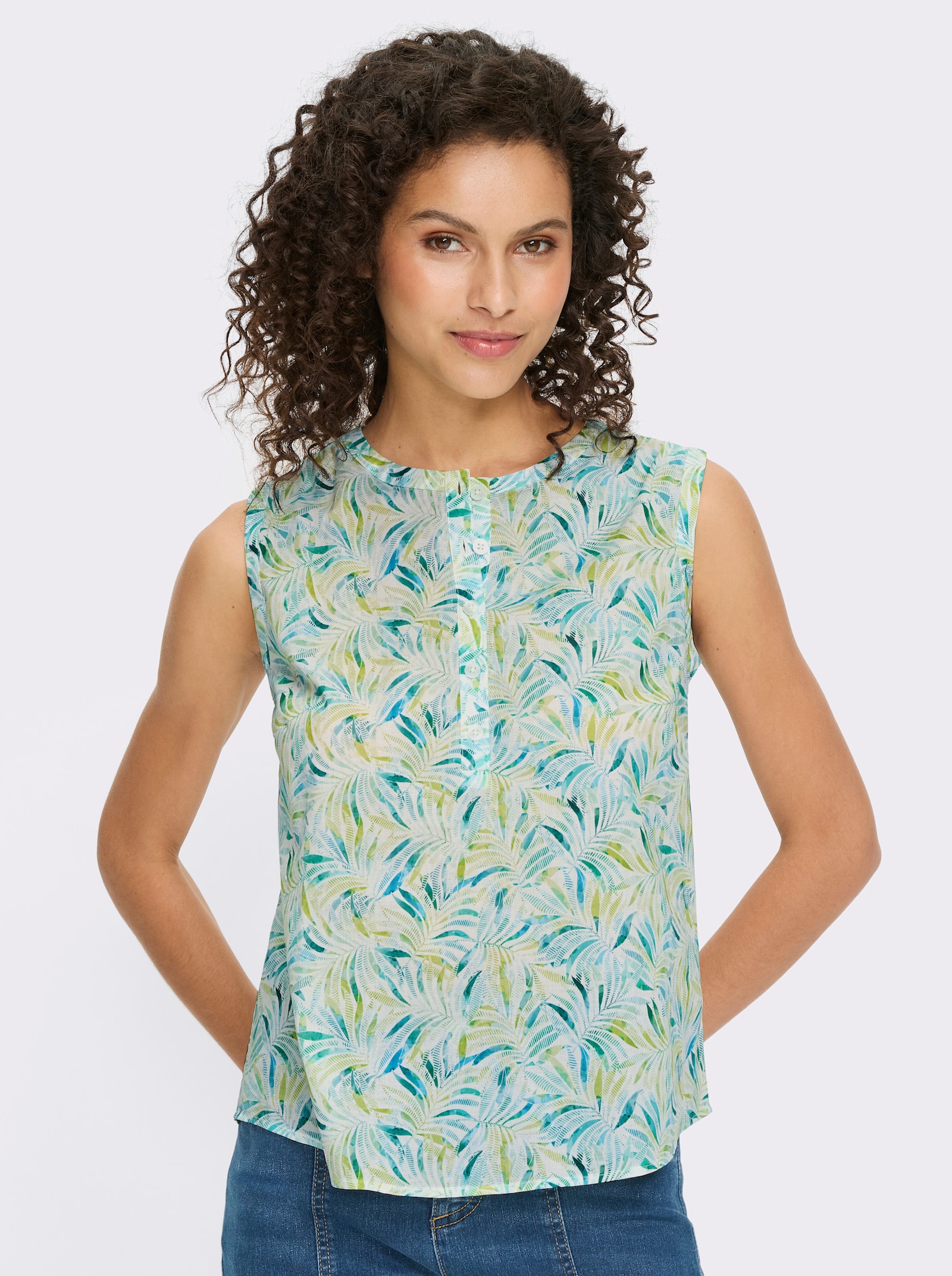heine Blusentop mit Blätter-Print - limone-türkis-bedruckt