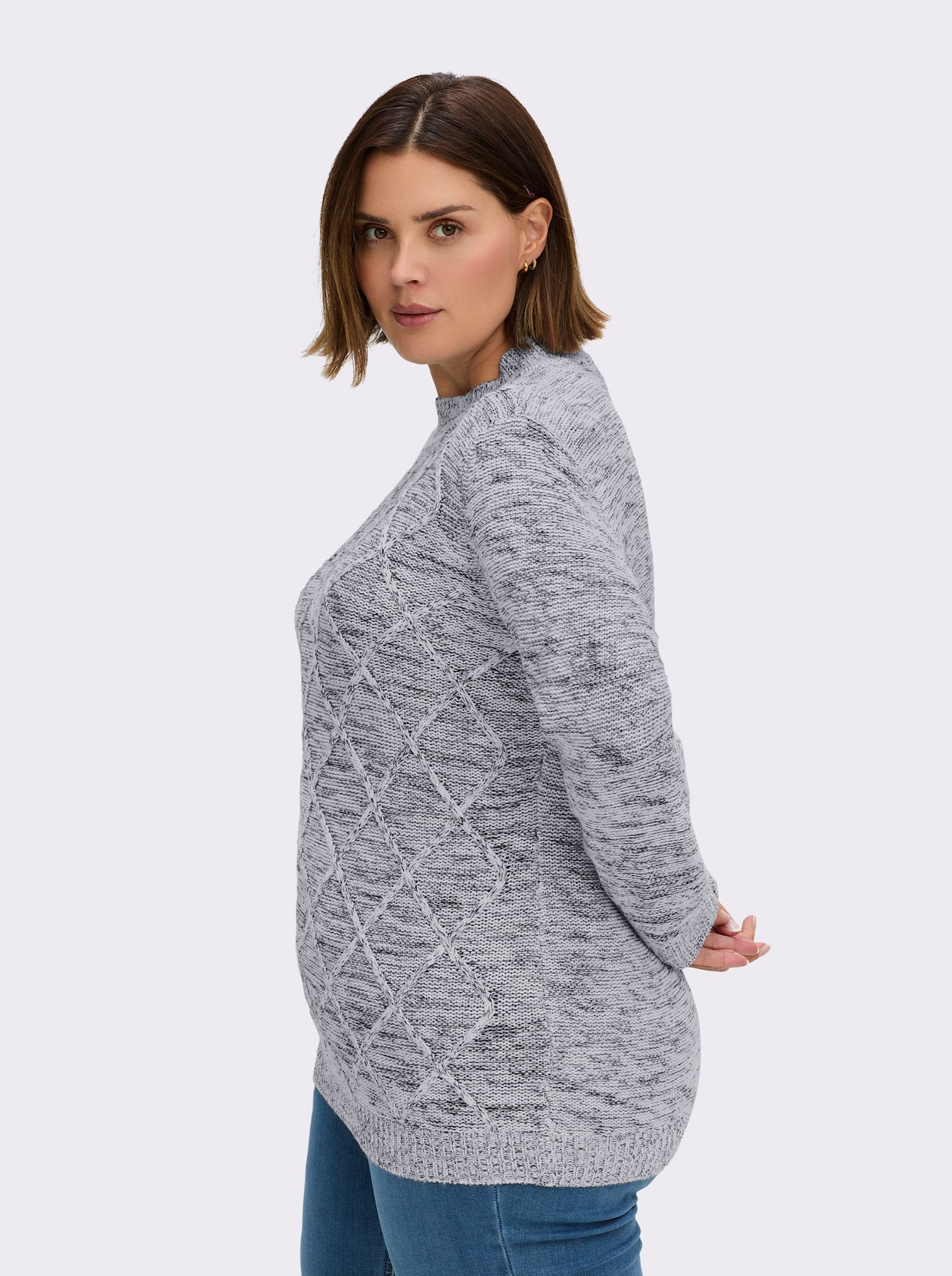 Stehkragenpullover im Rauten-Dessin - grau-meliert