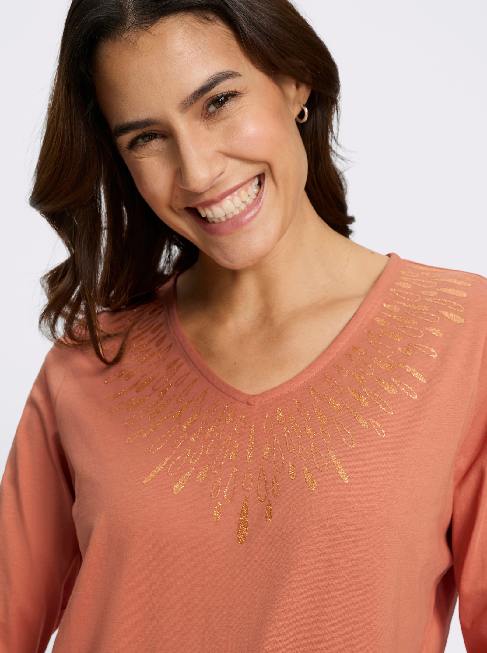 Langarmshirt mit Glitzerdruck - papaya