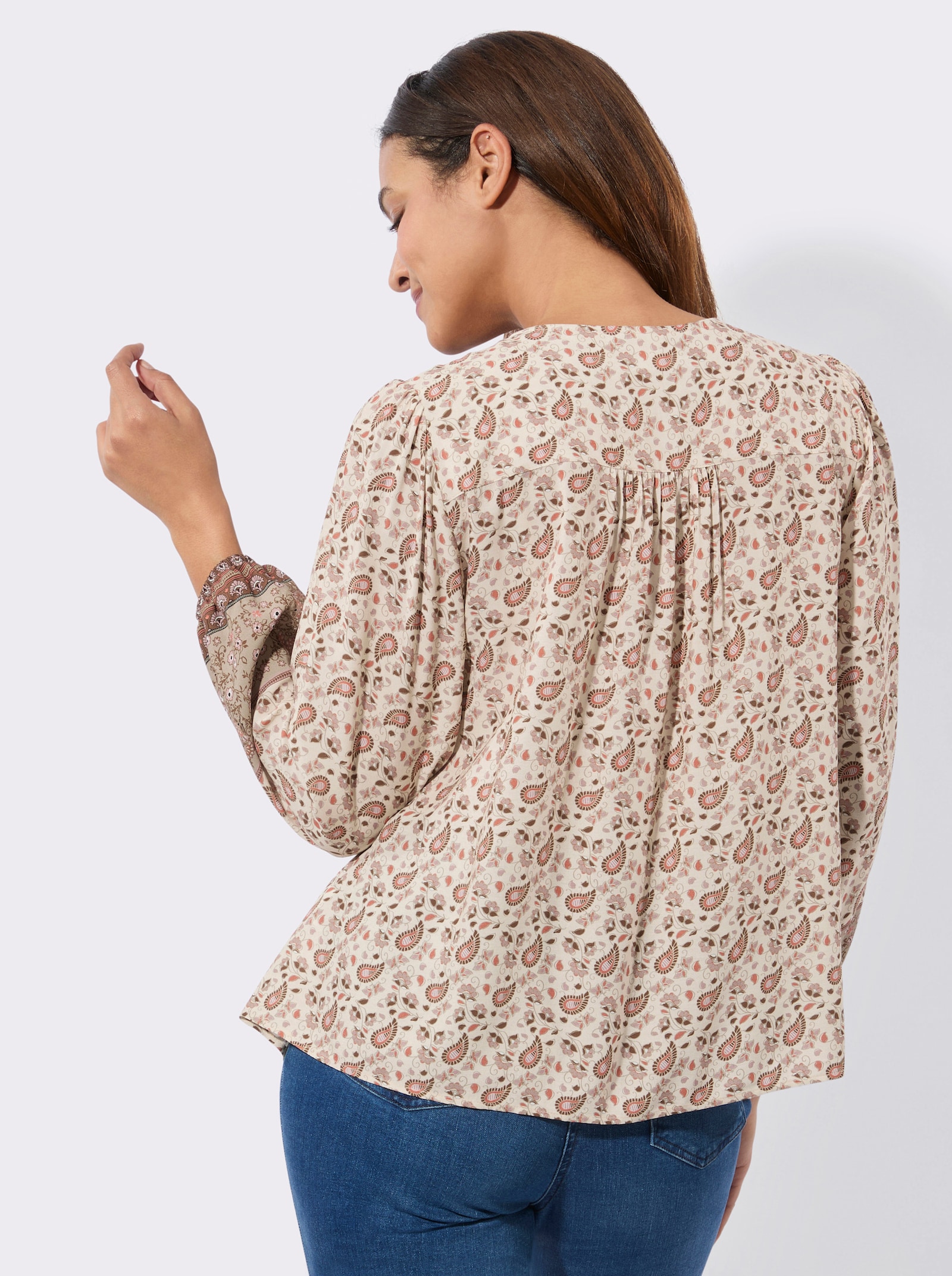 Tunika mit Raffungen an der Rückenpasse - ecru-papaya-bedruckt