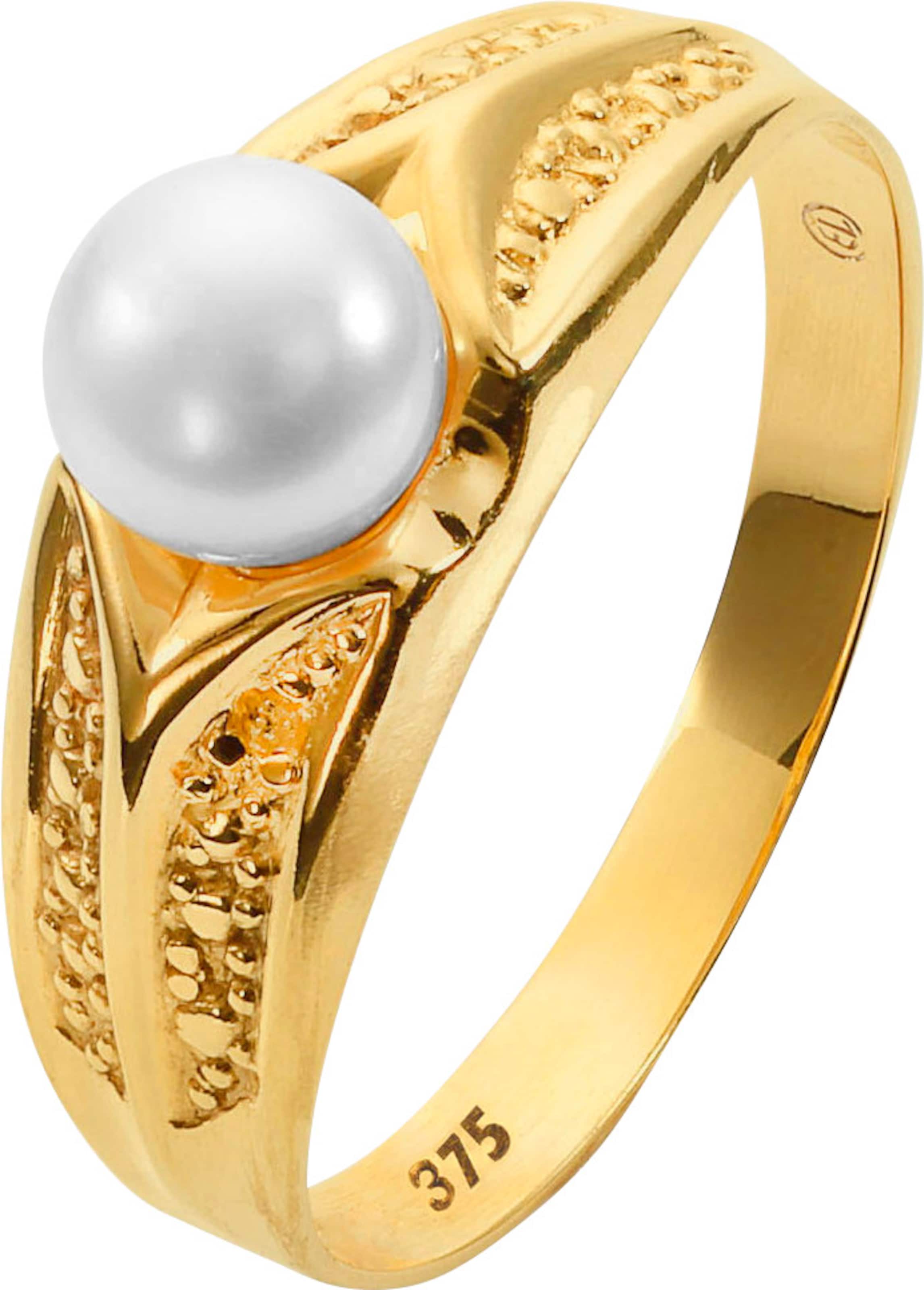 zu 5  günstig Kaufen-Ring in Gelbgold 375 von heine. Ring in Gelbgold 375 von heine <![CDATA[Ring mit schmückender Süßwasserzuchtperle  (ø ca. 6 mm). Hochwertig von Hand gefertigte Prägung. 375er Gelbgold.]]>. 
