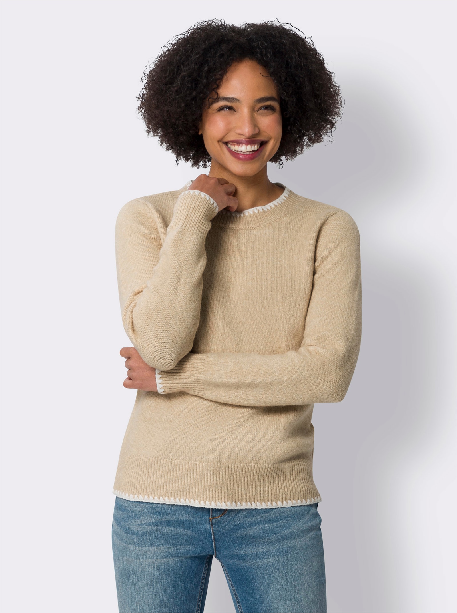 heine Langarm-Pullover mit Kontrast-Abschlüssen - beige-meliert