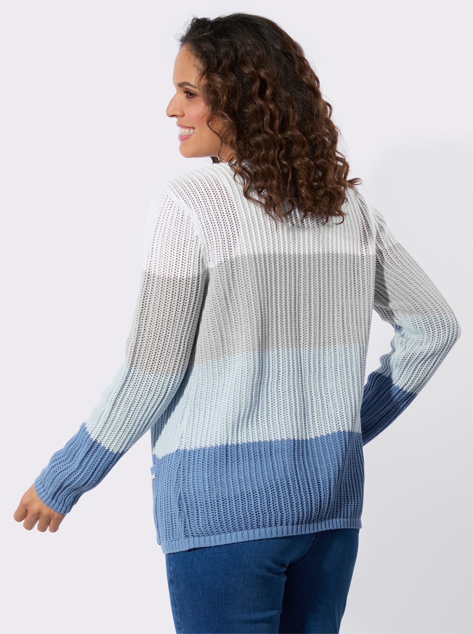 Ajourstrickjacke mit V-Ausschnitt - mittelblau-ecru-geringelt