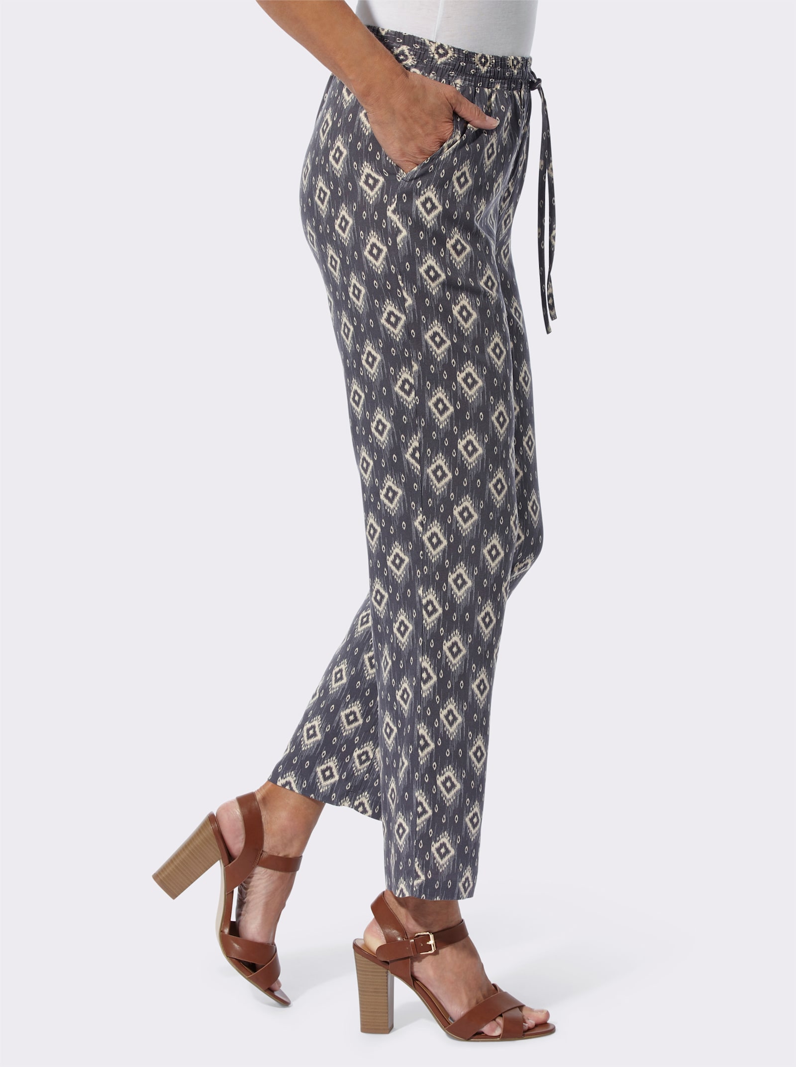 Nohavice na gumu z čistej viskózy - Antracitovo-piesková potlač