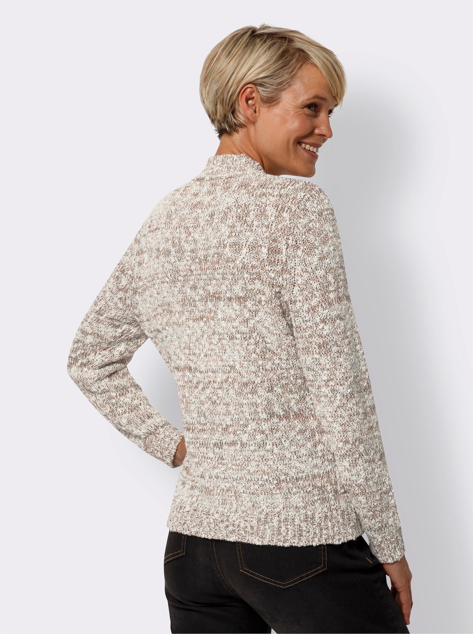 Pullover met lange mouwen en kleine ritssluiting. - rozenhout/antraciet gemêleerd