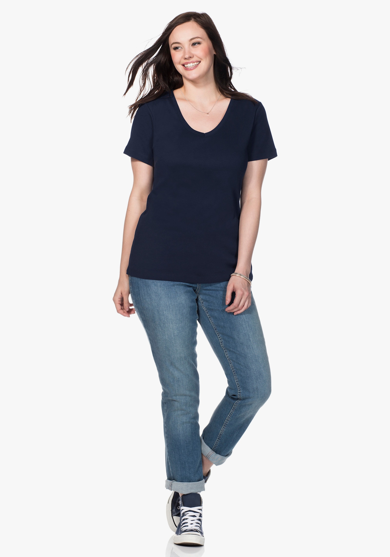 sheego T-shirt met V-hals, ribmateriaal - marine