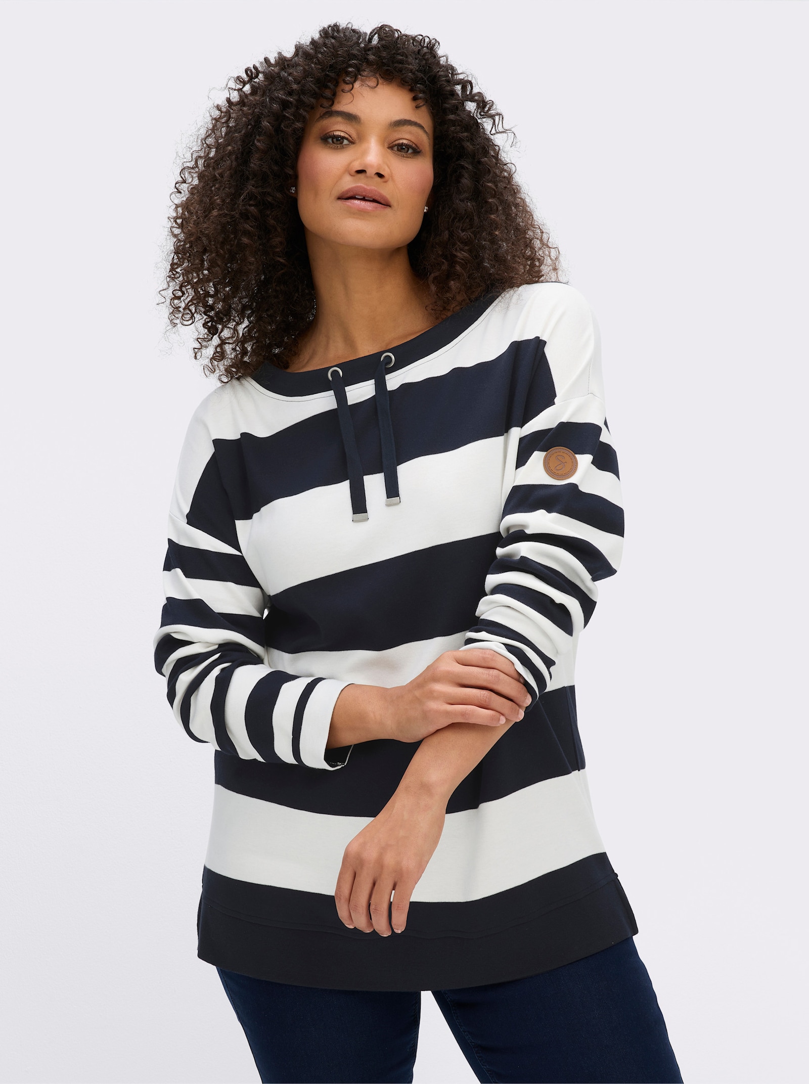 sheego Sweatshirt im Streifen-Mix - tiefblau-ecru-geringelt