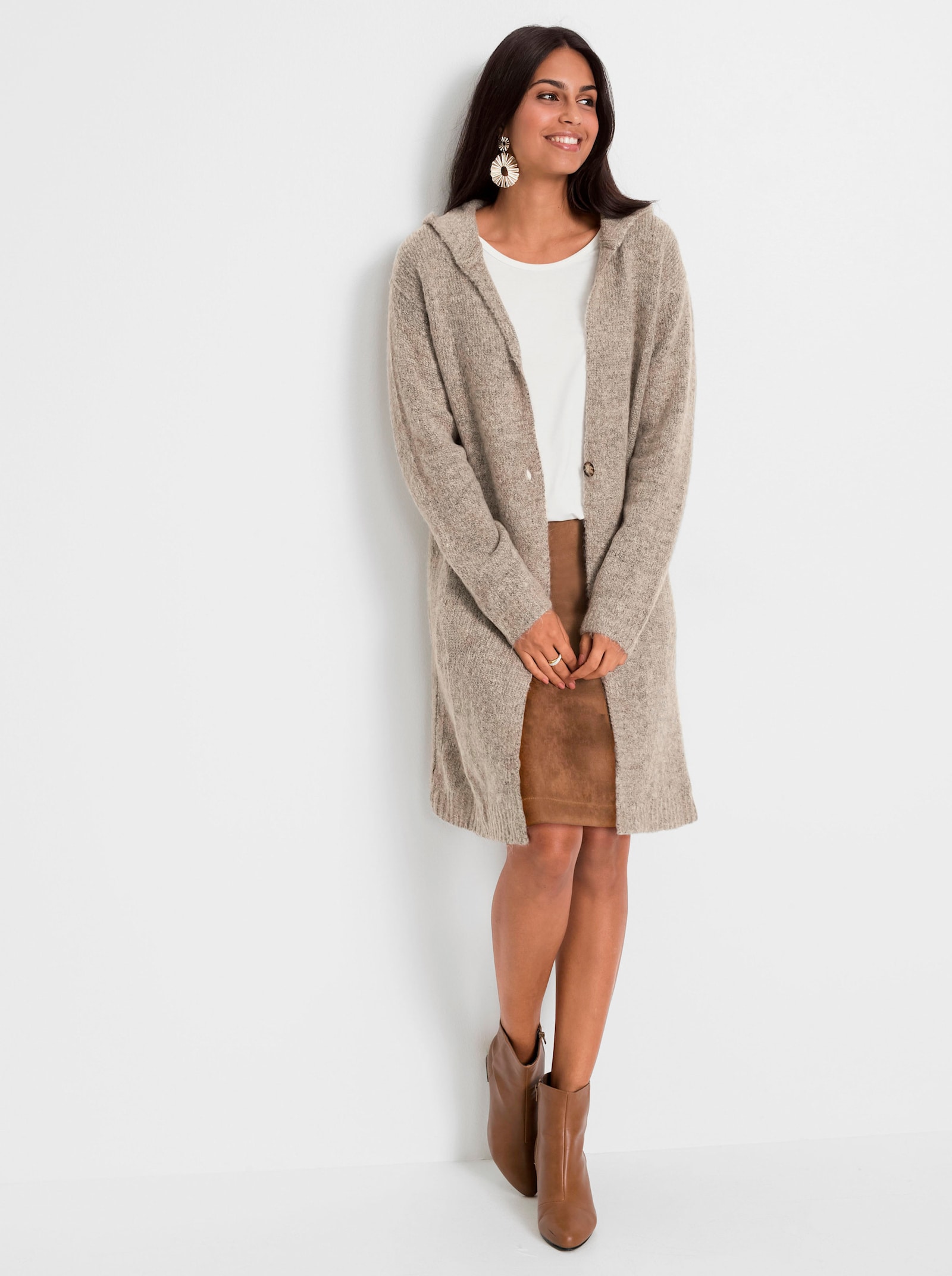 Longstrickjacke mit Kapuze - beige-meliert