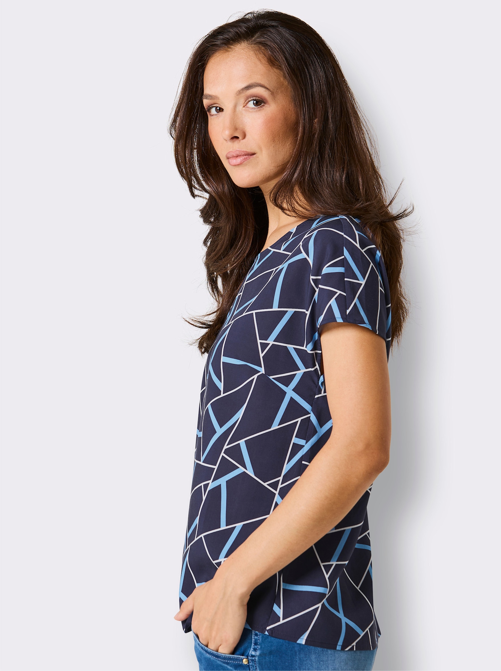 CREATION L PREMIUM Schlupfbluse Mit Schlingen-Knopfverschluss - marine-himmelblau-bedruckt