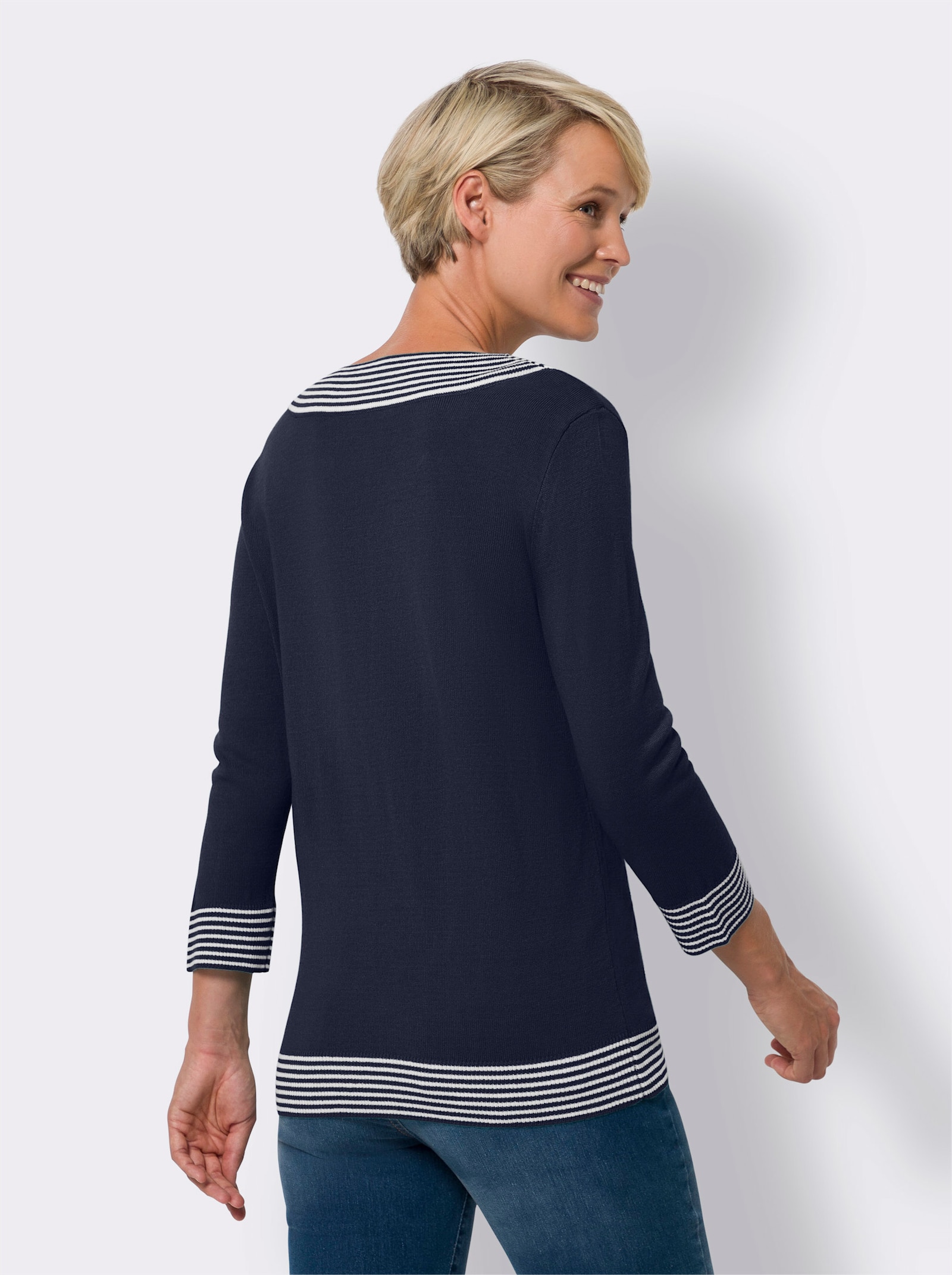 3/4 Arm-Pullover mit V-Ausschnitt - marine-weiß
