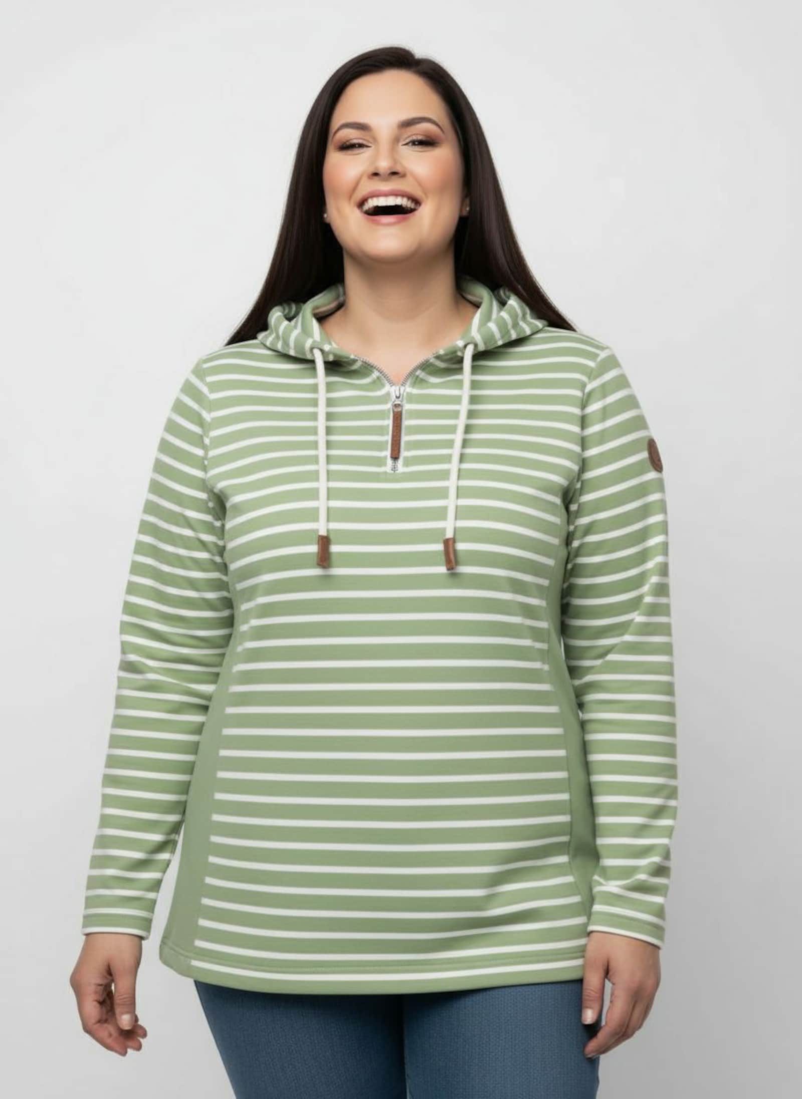 Kapuzensweatshirt mit 2 Nahttaschen - eucalyptus-ecru-geringelt