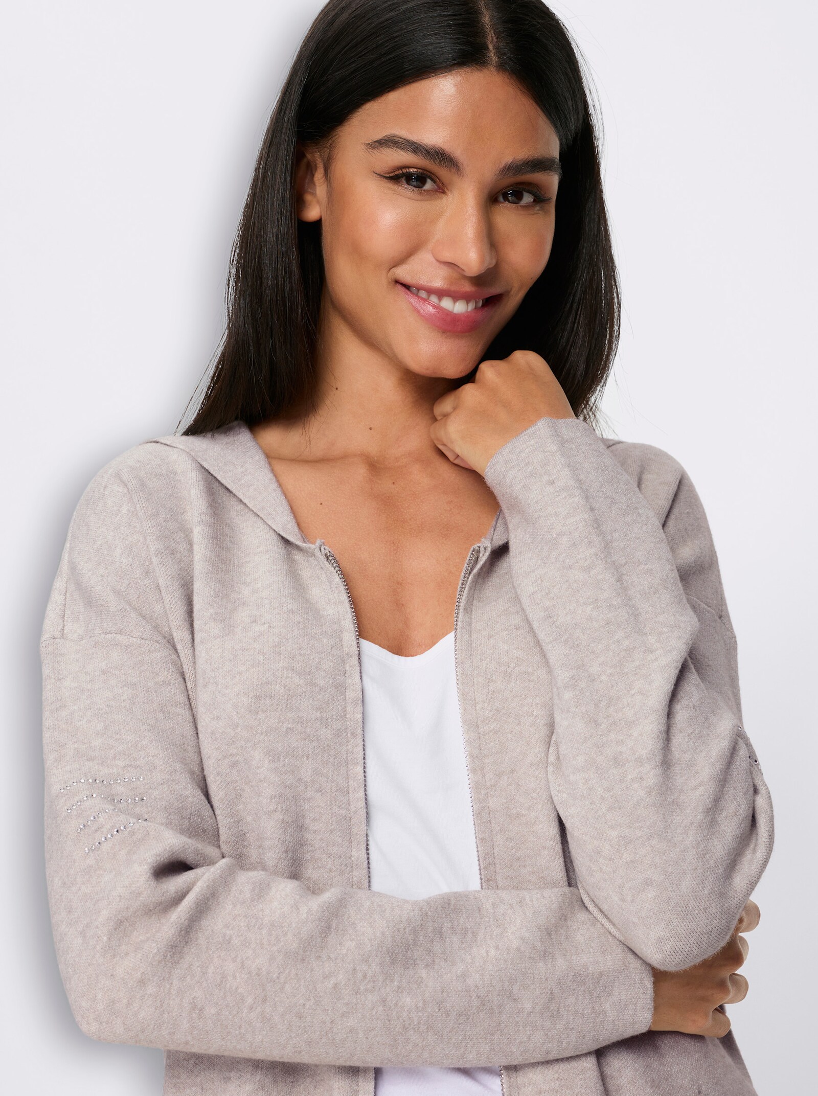 heine Longstrickjacke mit Kapuze - hellgrau-meliert