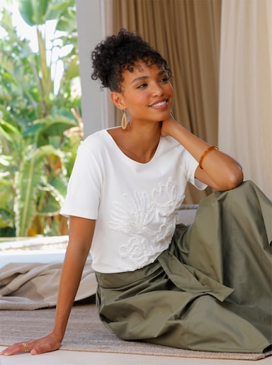 heine Kurzarmshirt mit Blumen-Applikationen - ecru