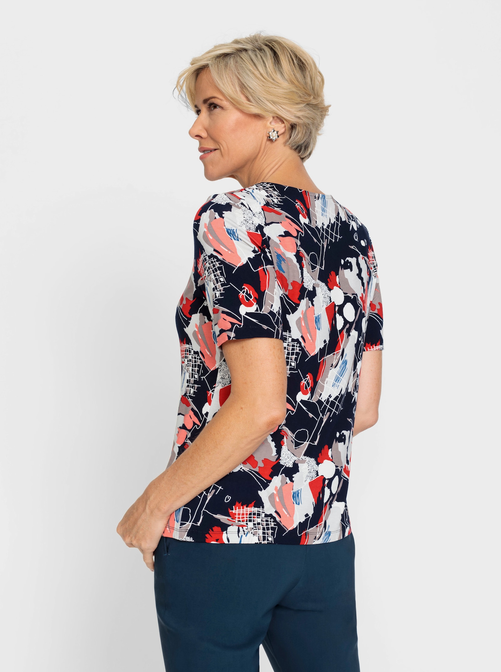 Shirt met ronde hals in gemengd grafisch dessin - marine/koraal bedrukt