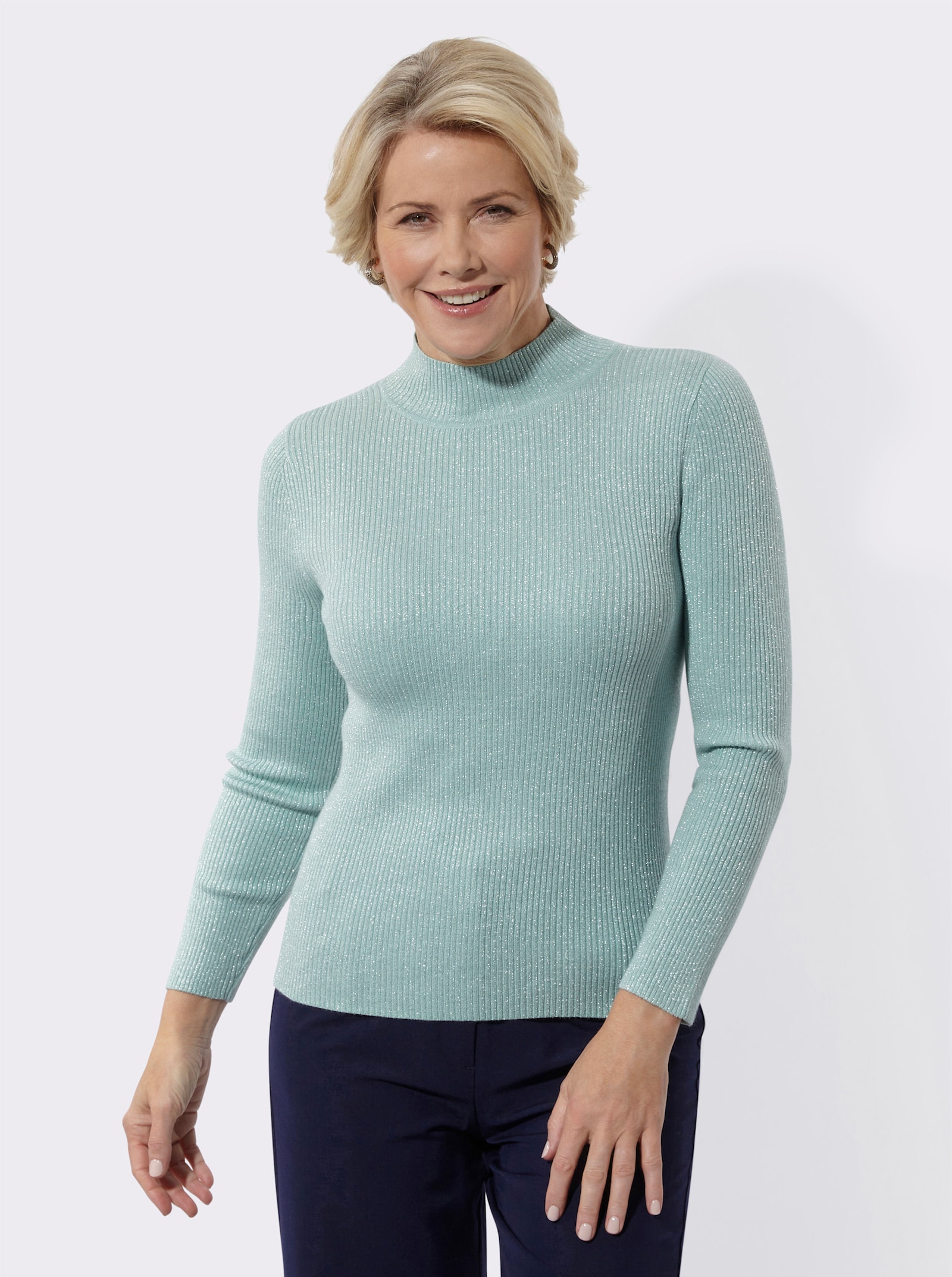 Stehkragenpullover mit Glanzgarn - mint-meliert