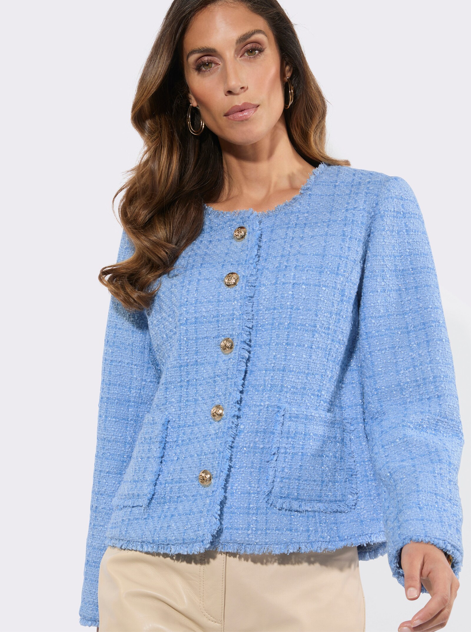Bouclé-Blazer mit feinen Fransenkanten - himmelblau