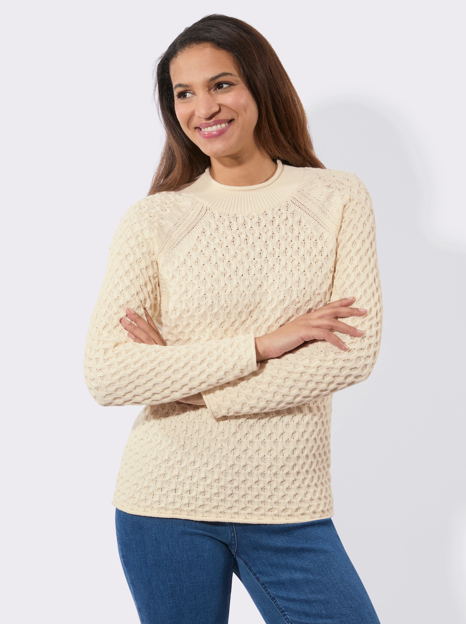 Stehkragenpullover mit Zierperlen - champagner