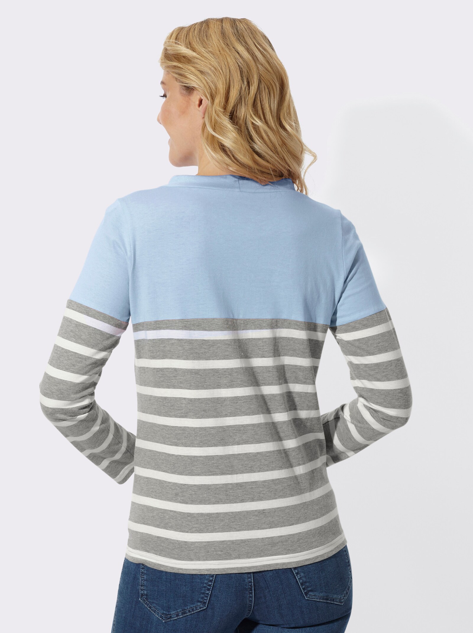  Stehkragenshirt mit Colour-Blocking - eisblau-grau-geringelt