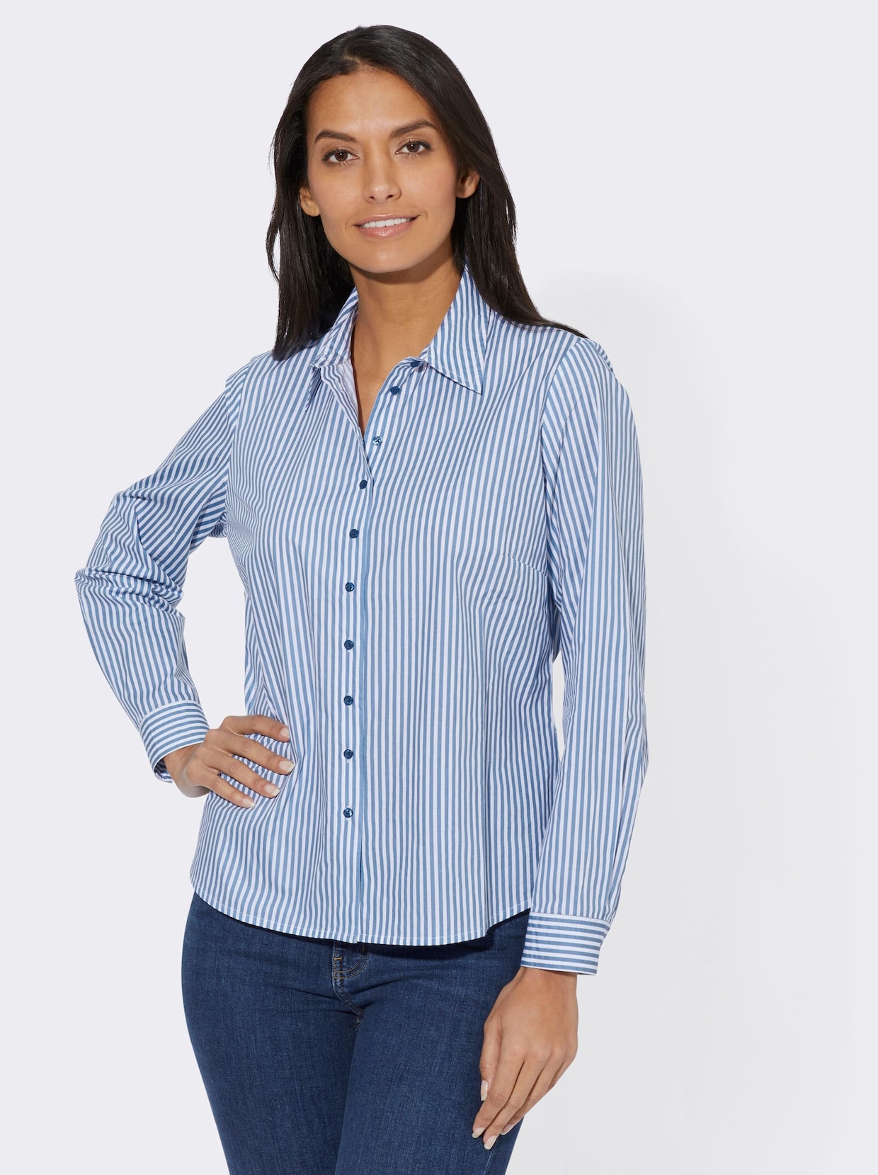 Katoenen blouse - medium blauw gestreept