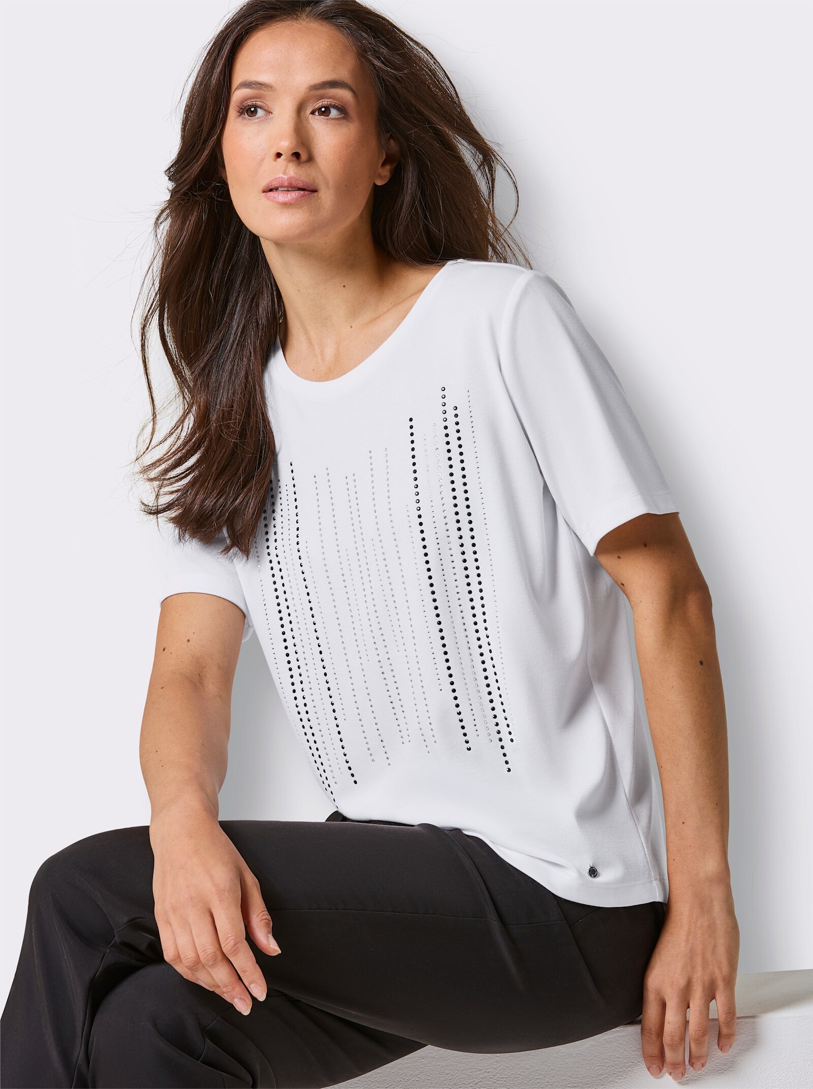 CREATION L PREMIUM Kurzarmshirt mit Glitzersteinchen - weiß