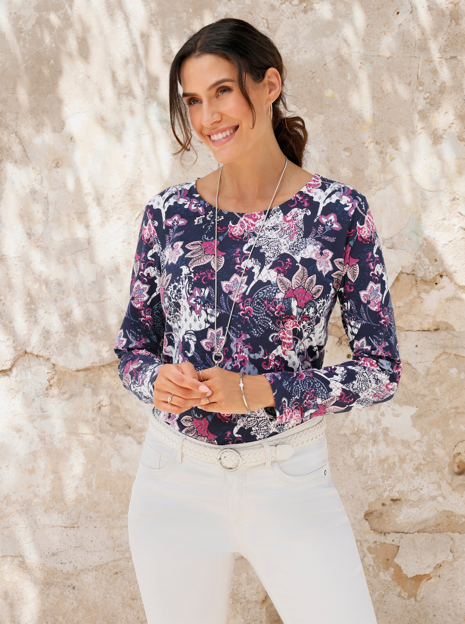 Print-Shirt mit Blütendessin - marine-ecru-bedruckt