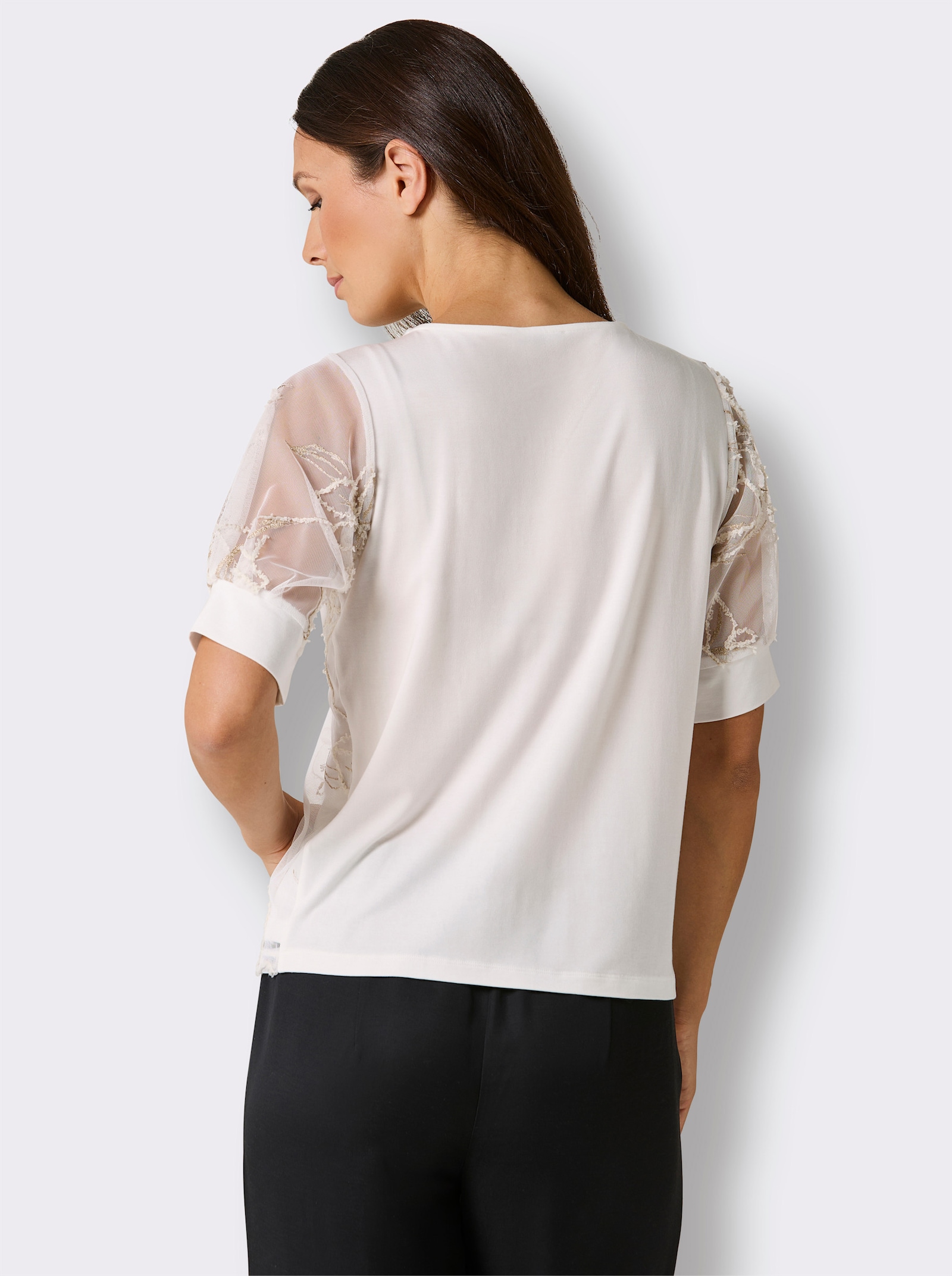 CREATION L PREMIUM Kurzarmshirt mit glitzernder Stickerei - ecru-gemustert