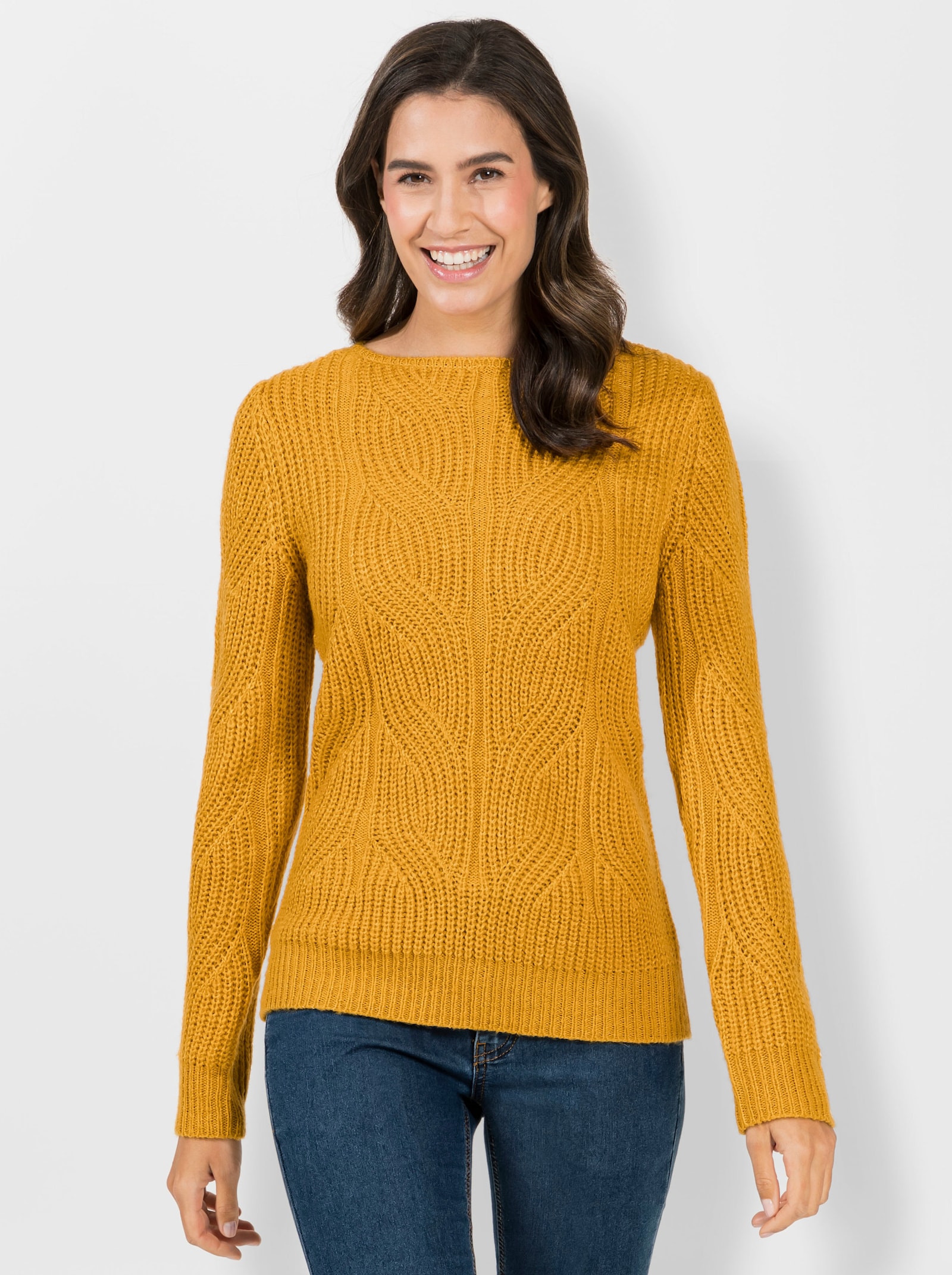 Strickpullover mit Zopfmuster - ocker-meliert