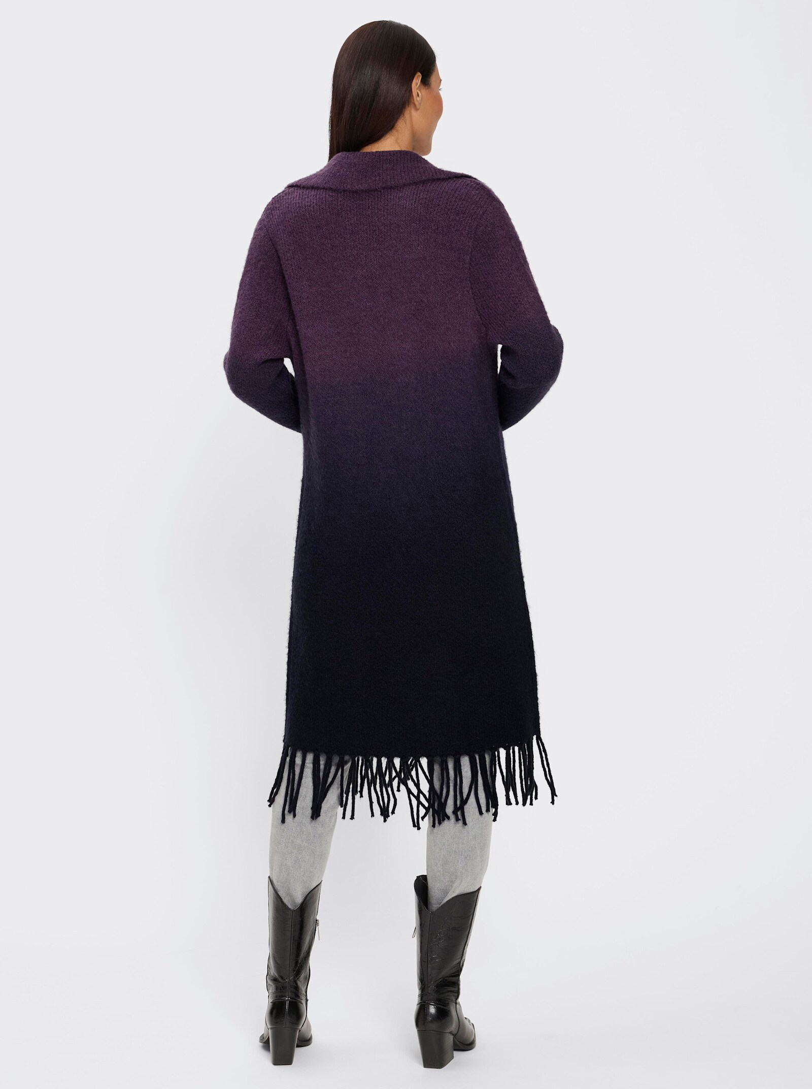heine Strickmantel mit Fransen am Saum - marine-traube-gemustert