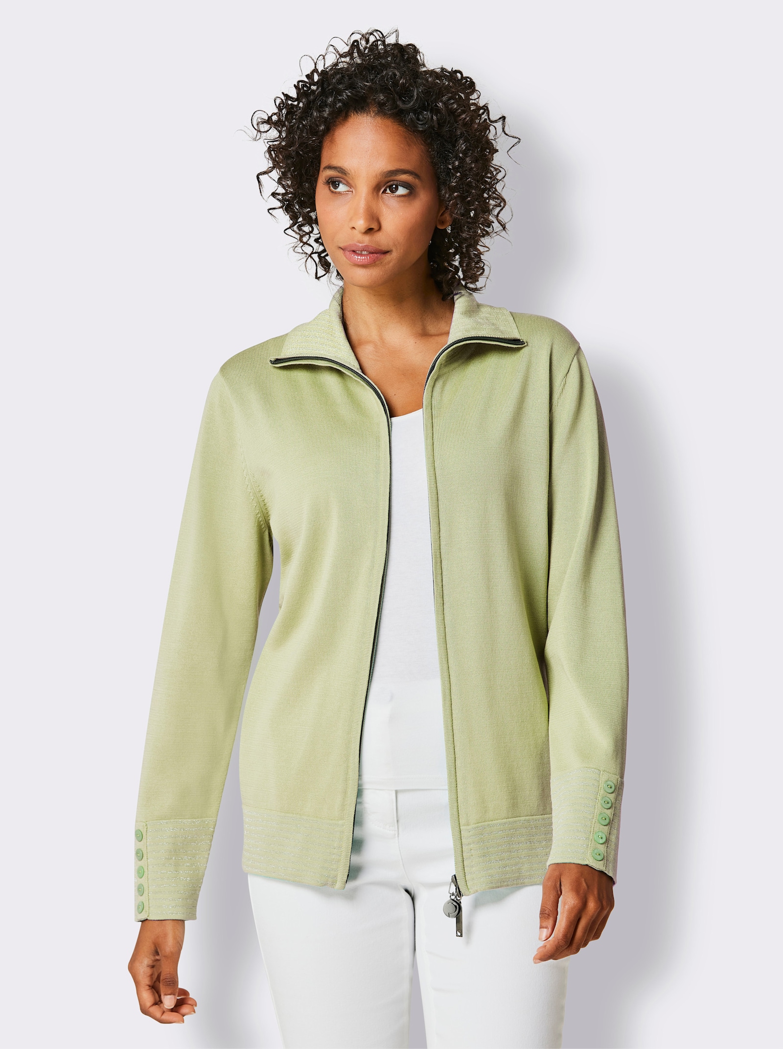 CREATION L PREMIUM Feinstrickjacke mit gestreiften Abschlüssen - pistazie